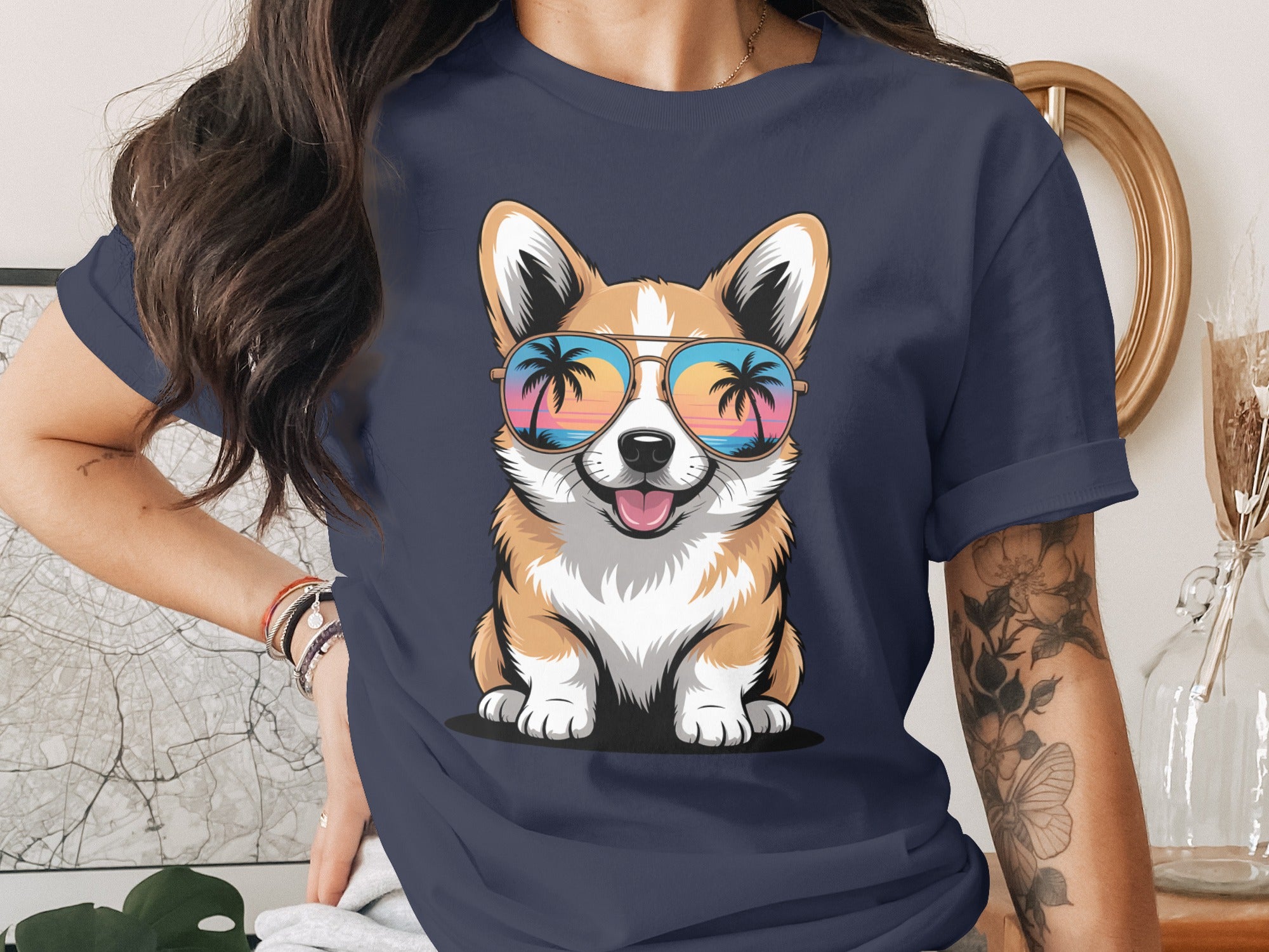 Cool Corgi T-Shirt, Dog with Sunglasses, Beach Sunset Reflection, Cute Puppy Tee, Summer Vibes Apparel, Dog Lover Gift