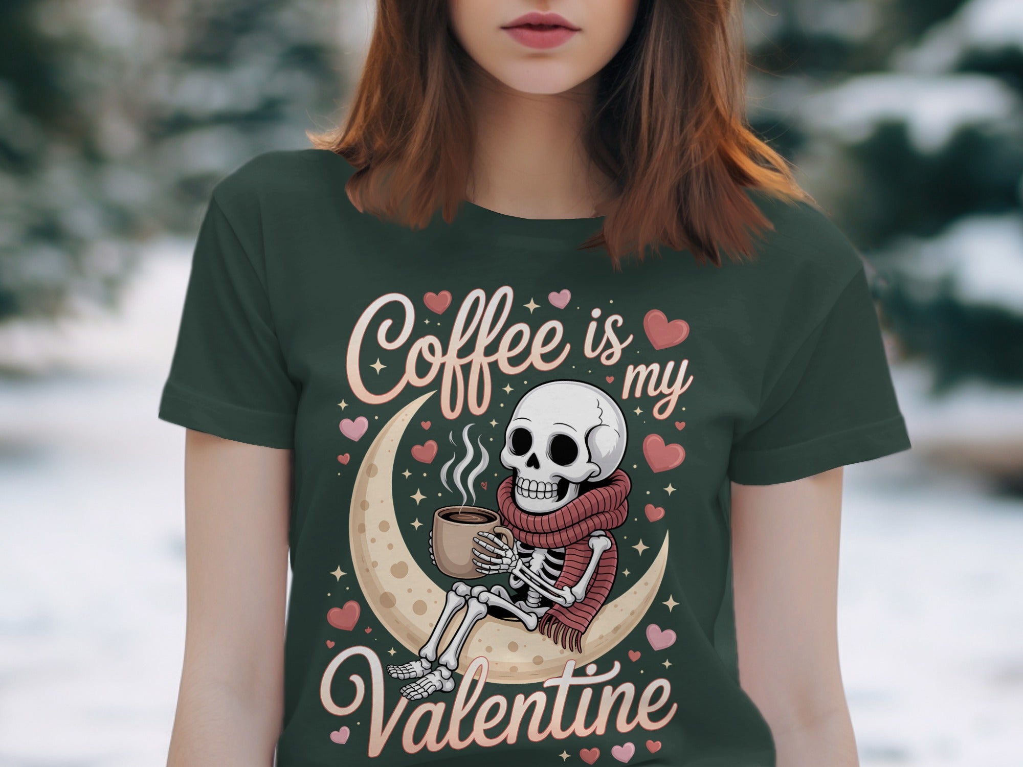 Coffee Is My Valentine T-Shirt, Skeleton Lover Gift, Moon Hearts Tee, Funny Valentine's Shirt, Skeleton Coffee Valentines Day Top