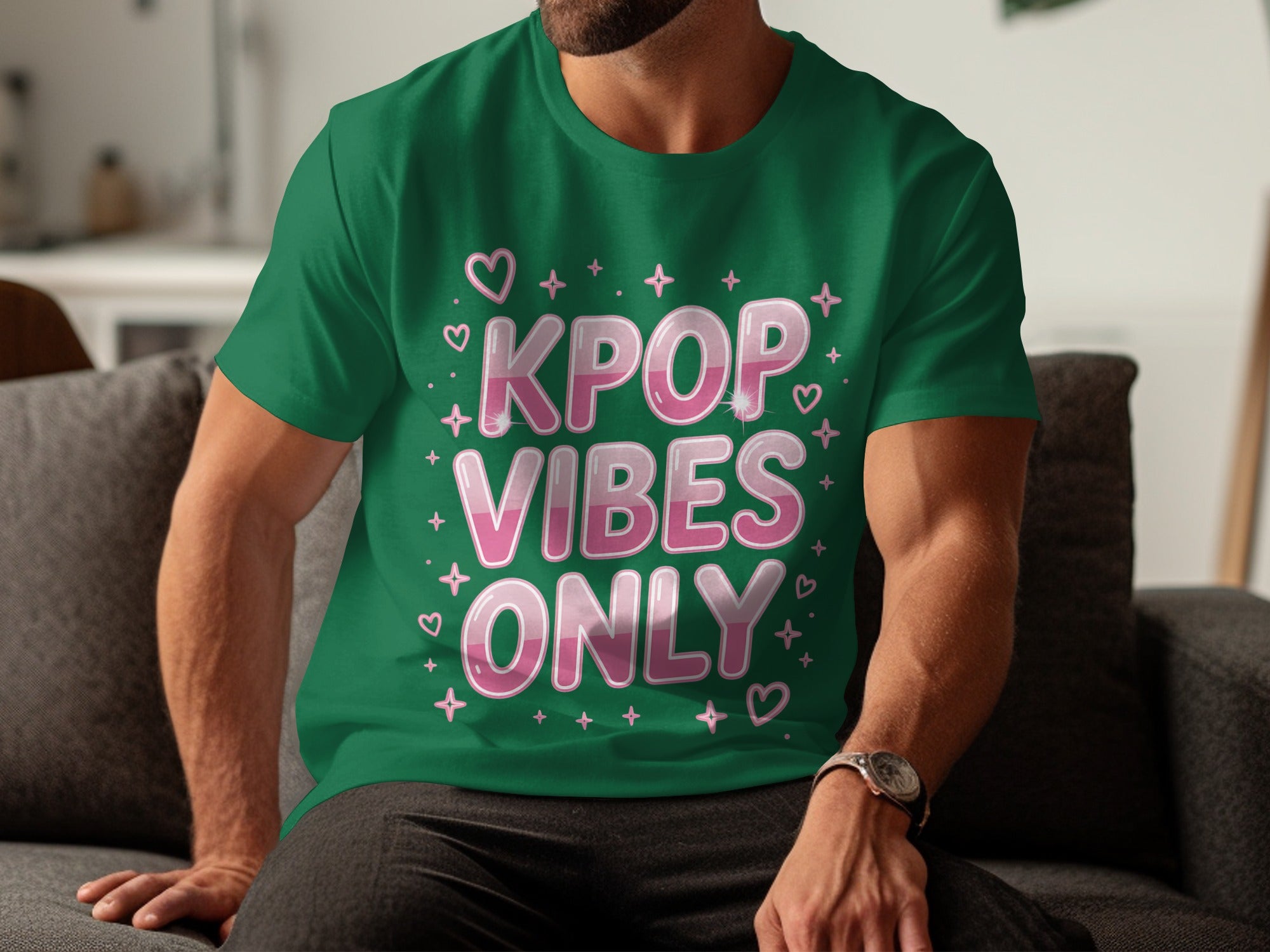 KPOP VIBES ONLY Fun Graphic Tee with Hearts and Stars