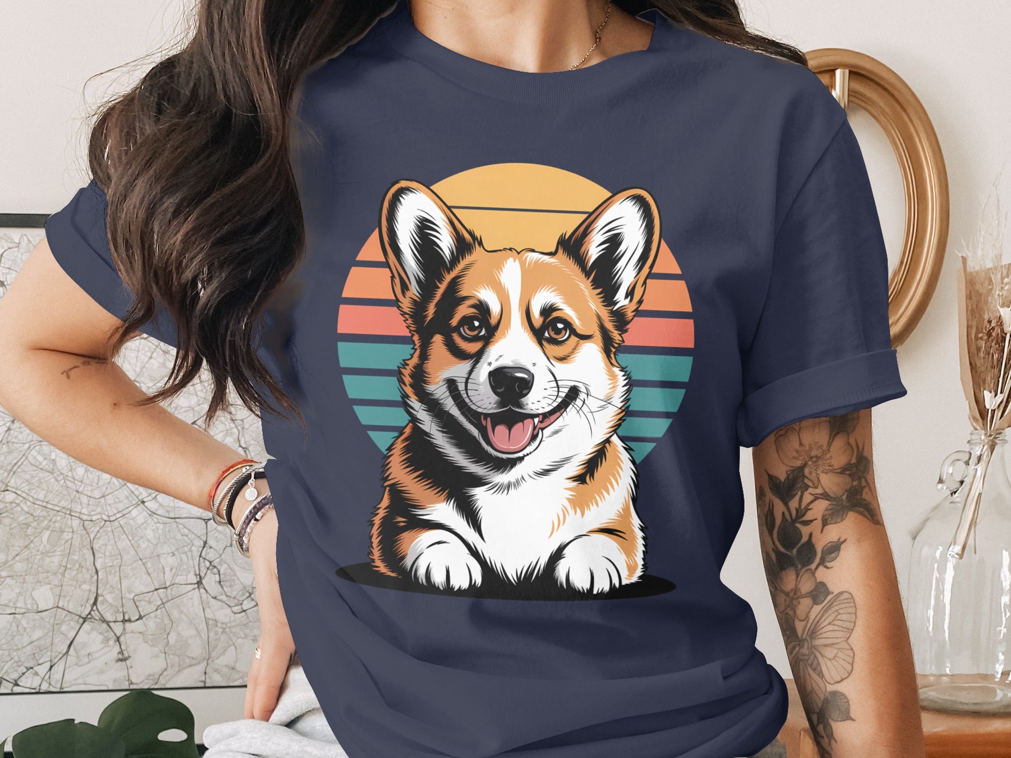 Cute Corgi Dog T-Shirt, Retro Sunset Design, Dog Lover Tee, Unique Graphic Tee, Funny Dog T Shirt, Trendy TShirt, Dog Breed Tee, Pet TShirt