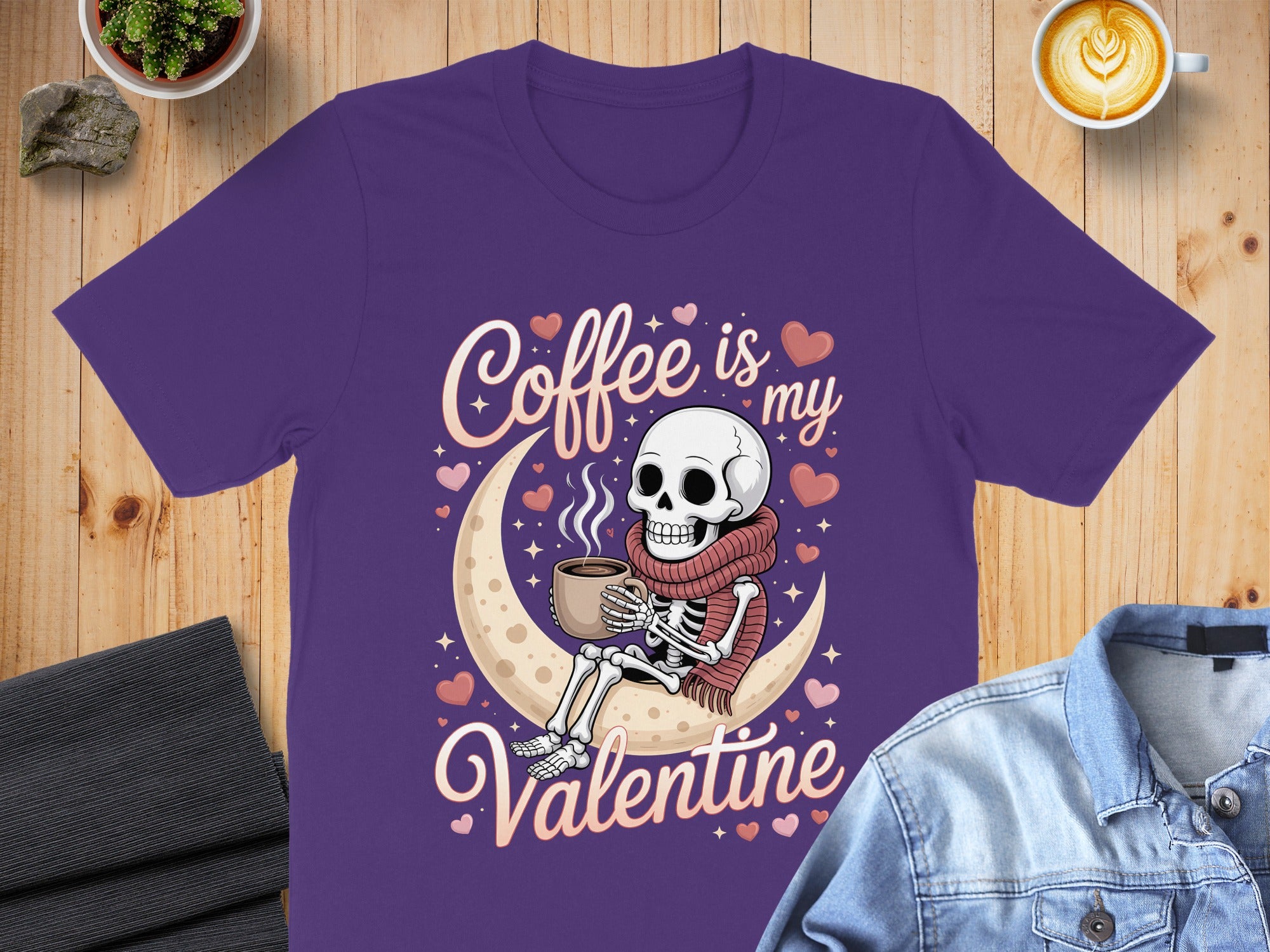 Coffee Is My Valentine T-Shirt, Skeleton Lover Gift, Moon Hearts Tee, Funny Valentine's Shirt, Skeleton Coffee Valentines Day Top