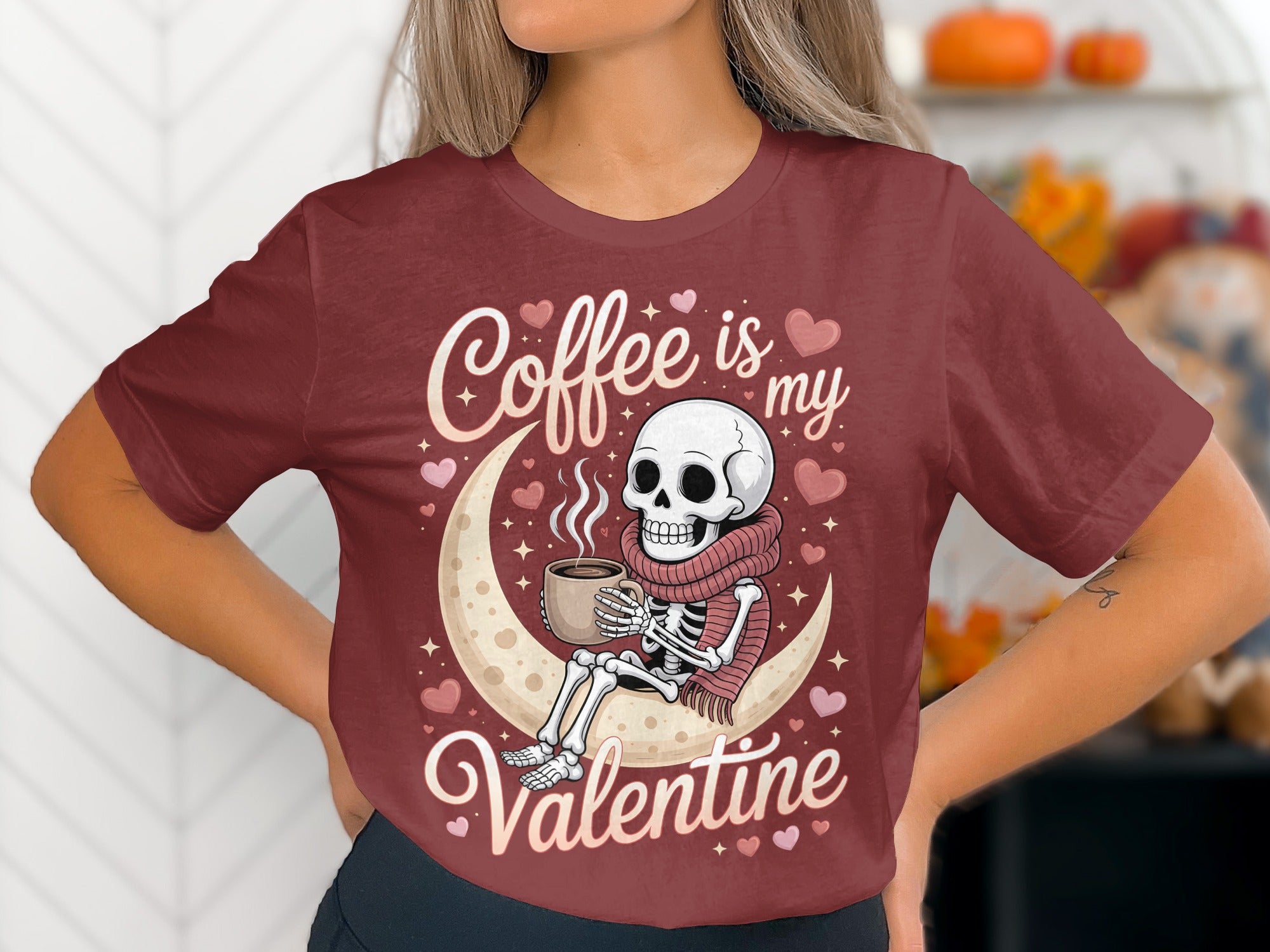Coffee Is My Valentine T-Shirt, Skeleton Lover Gift, Moon Hearts Tee, Funny Valentine's Shirt, Skeleton Coffee Valentines Day Top