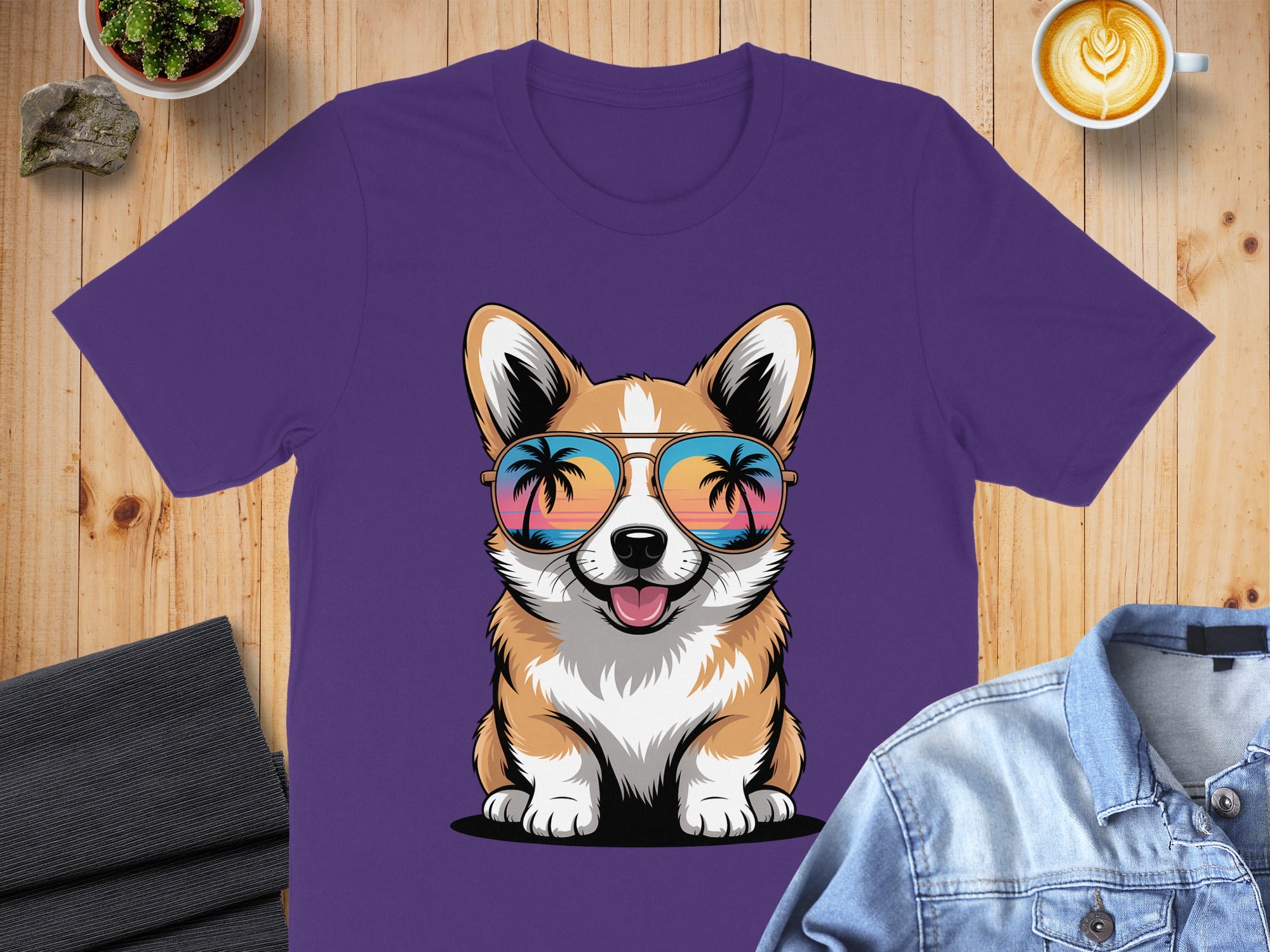 Cool Corgi T-Shirt, Dog with Sunglasses, Beach Sunset Reflection, Cute Puppy Tee, Summer Vibes Apparel, Dog Lover Gift