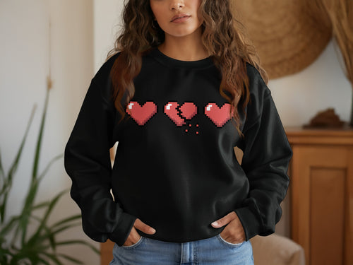 Pixelated Broken Hearts Black Sweatshirt Design