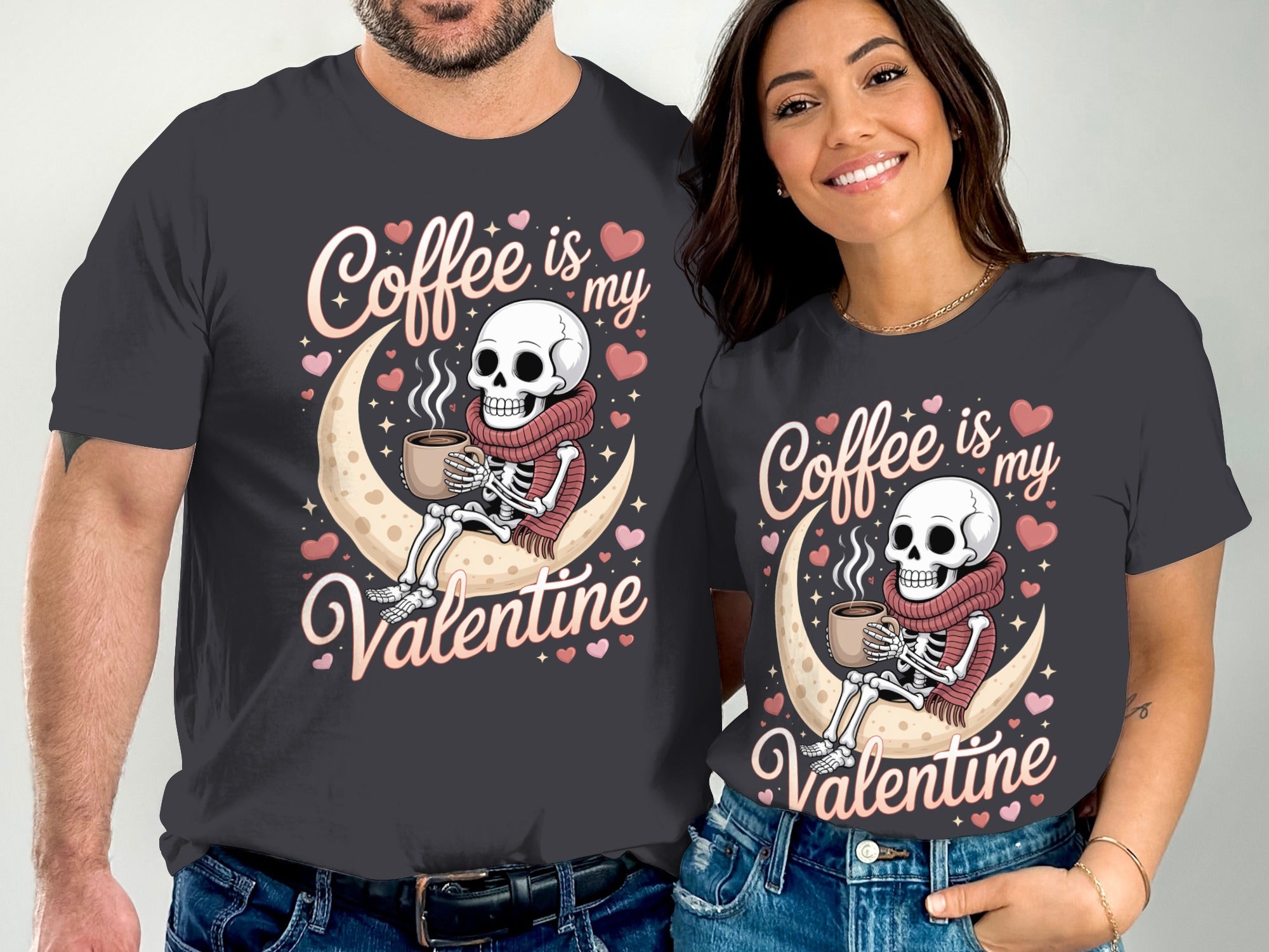 Coffee Is My Valentine T-Shirt, Skeleton Lover Gift, Moon Hearts Tee, Funny Valentine's Shirt, Skeleton Coffee Valentines Day Top