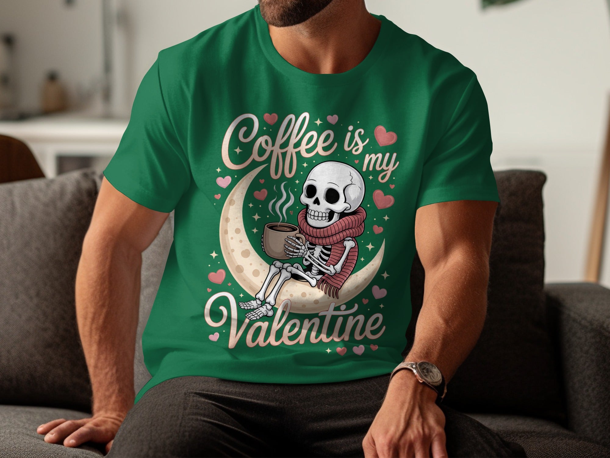 Coffee Is My Valentine T-Shirt, Skeleton Lover Gift, Moon Hearts Tee, Funny Valentine's Shirt, Skeleton Coffee Valentines Day Top