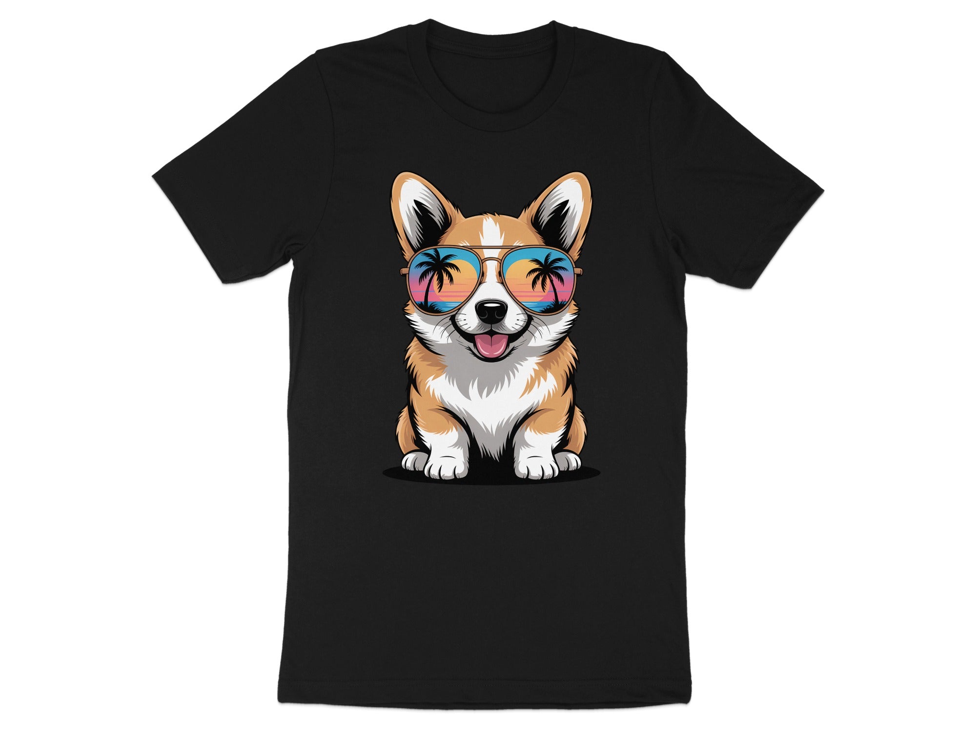 Cool Corgi T-Shirt, Dog with Sunglasses, Beach Sunset Reflection, Cute Puppy Tee, Summer Vibes Apparel, Dog Lover Gift