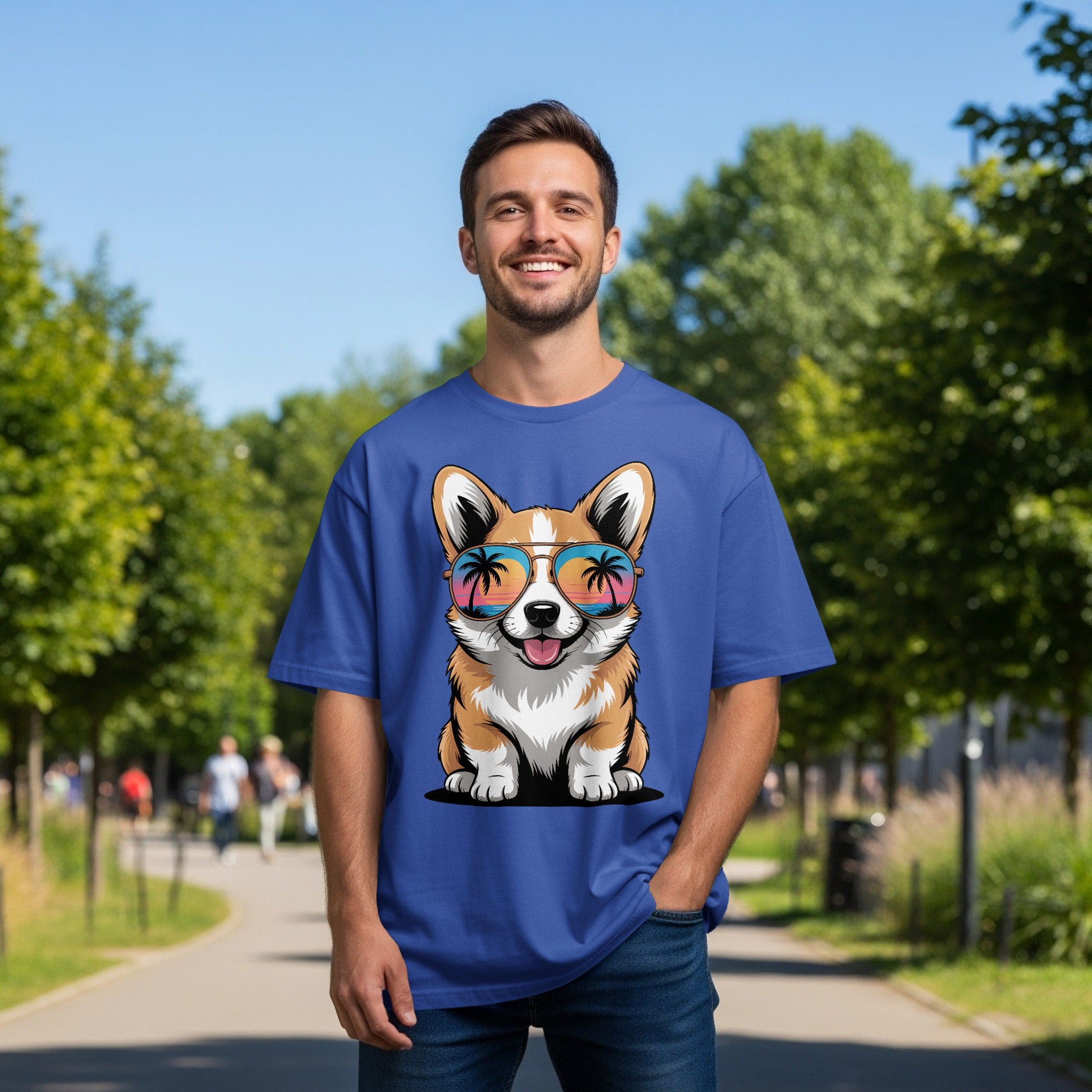 Cool Corgi T-Shirt, Dog with Sunglasses, Beach Sunset Reflection, Cute Puppy Tee, Summer Vibes Apparel, Dog Lover Gift