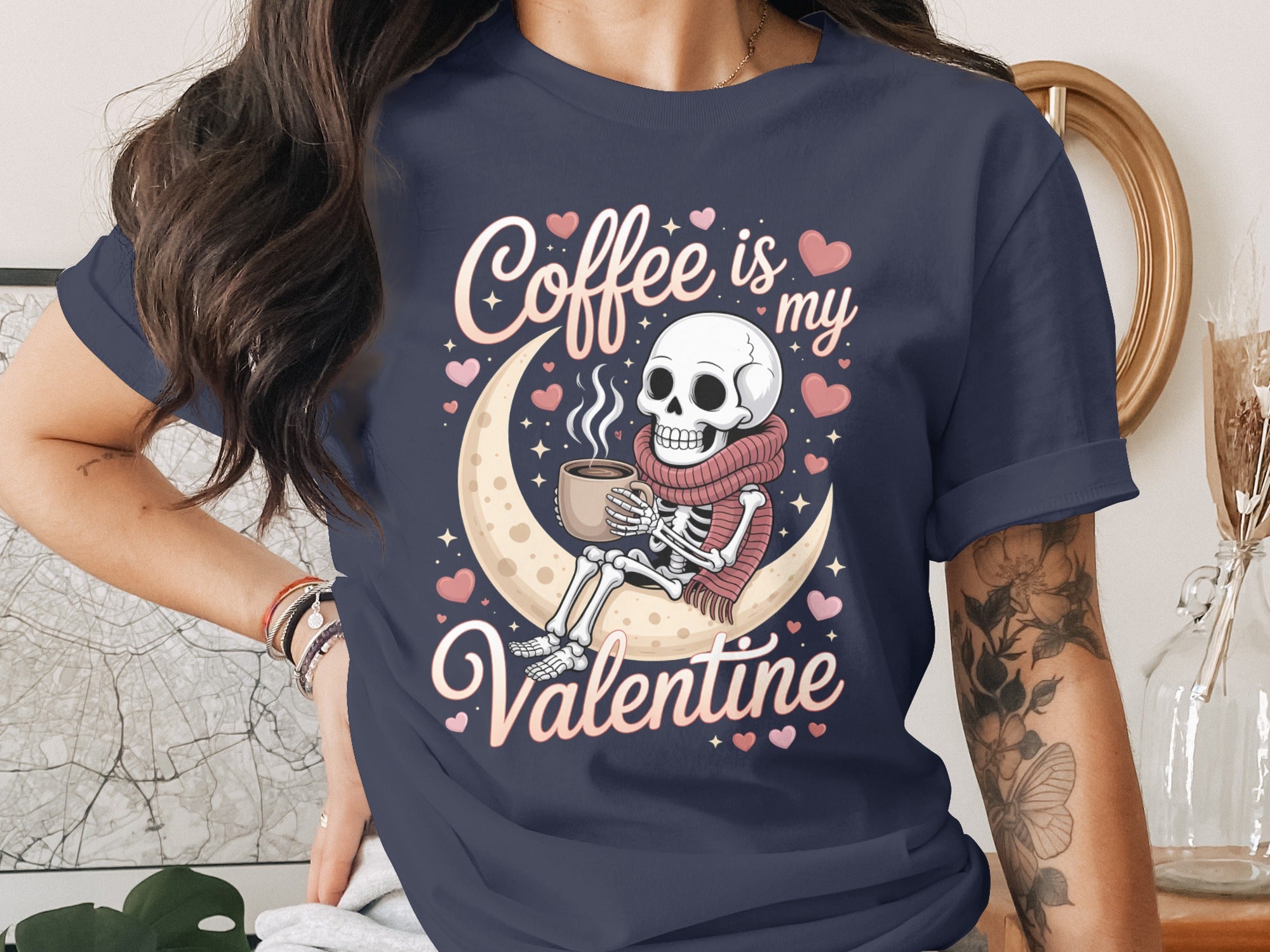 Coffee Is My Valentine T-Shirt, Skeleton Lover Gift, Moon Hearts Tee, Funny Valentine's Shirt, Skeleton Coffee Valentines Day Top