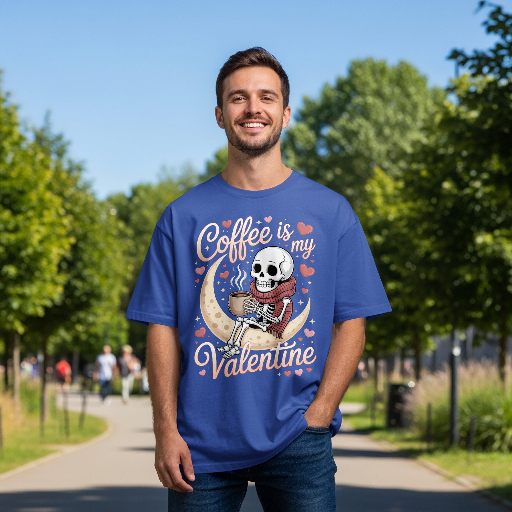 Coffee Is My Valentine T-Shirt, Skeleton Lover Gift, Moon Hearts Tee, Funny Valentine's Shirt, Skeleton Coffee Valentines Day Top