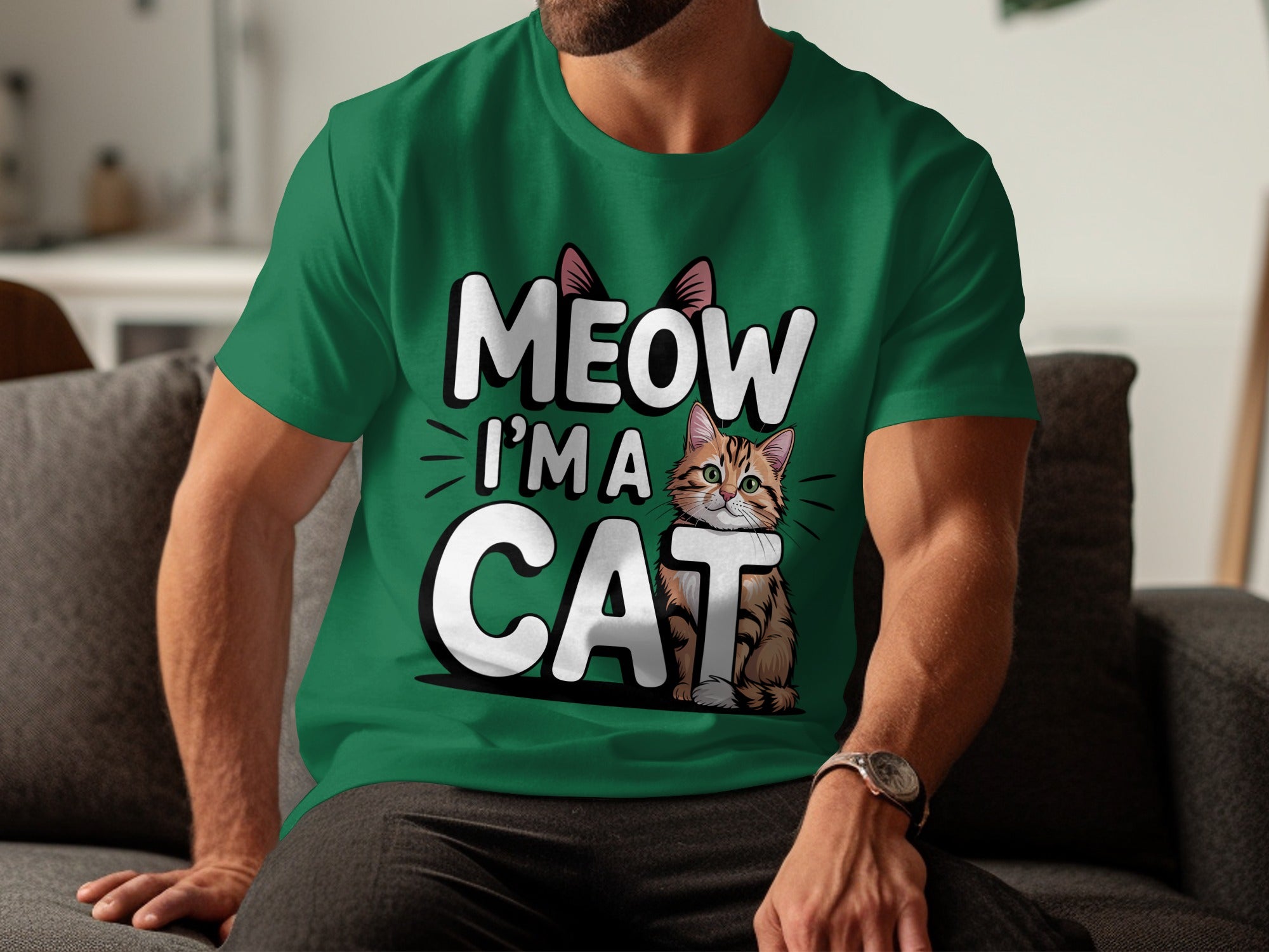 Meow I'm A Cat Green Graphic Printed T-Shirt