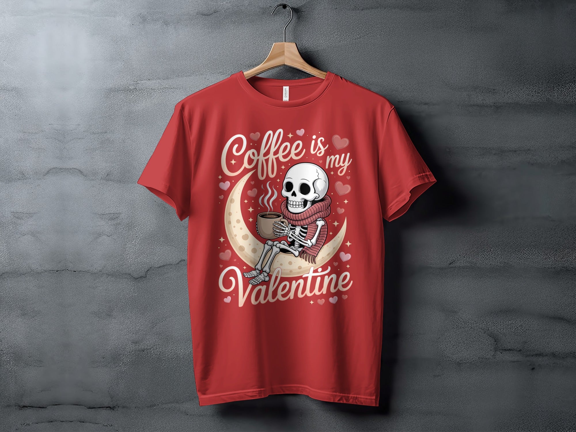 Coffee Is My Valentine T-Shirt, Skeleton Lover Gift, Moon Hearts Tee, Funny Valentine's Shirt, Skeleton Coffee Valentines Day Top