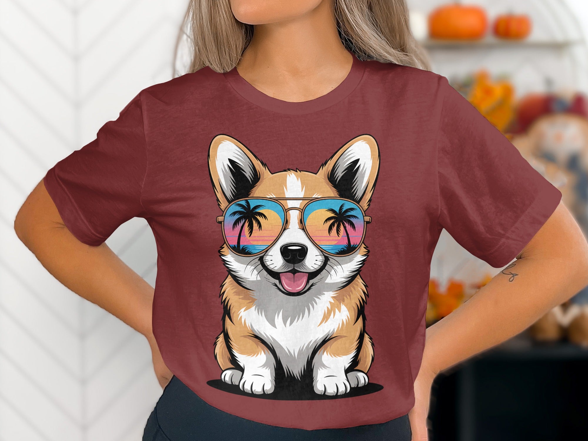 Cool Corgi T-Shirt, Dog with Sunglasses, Beach Sunset Reflection, Cute Puppy Tee, Summer Vibes Apparel, Dog Lover Gift